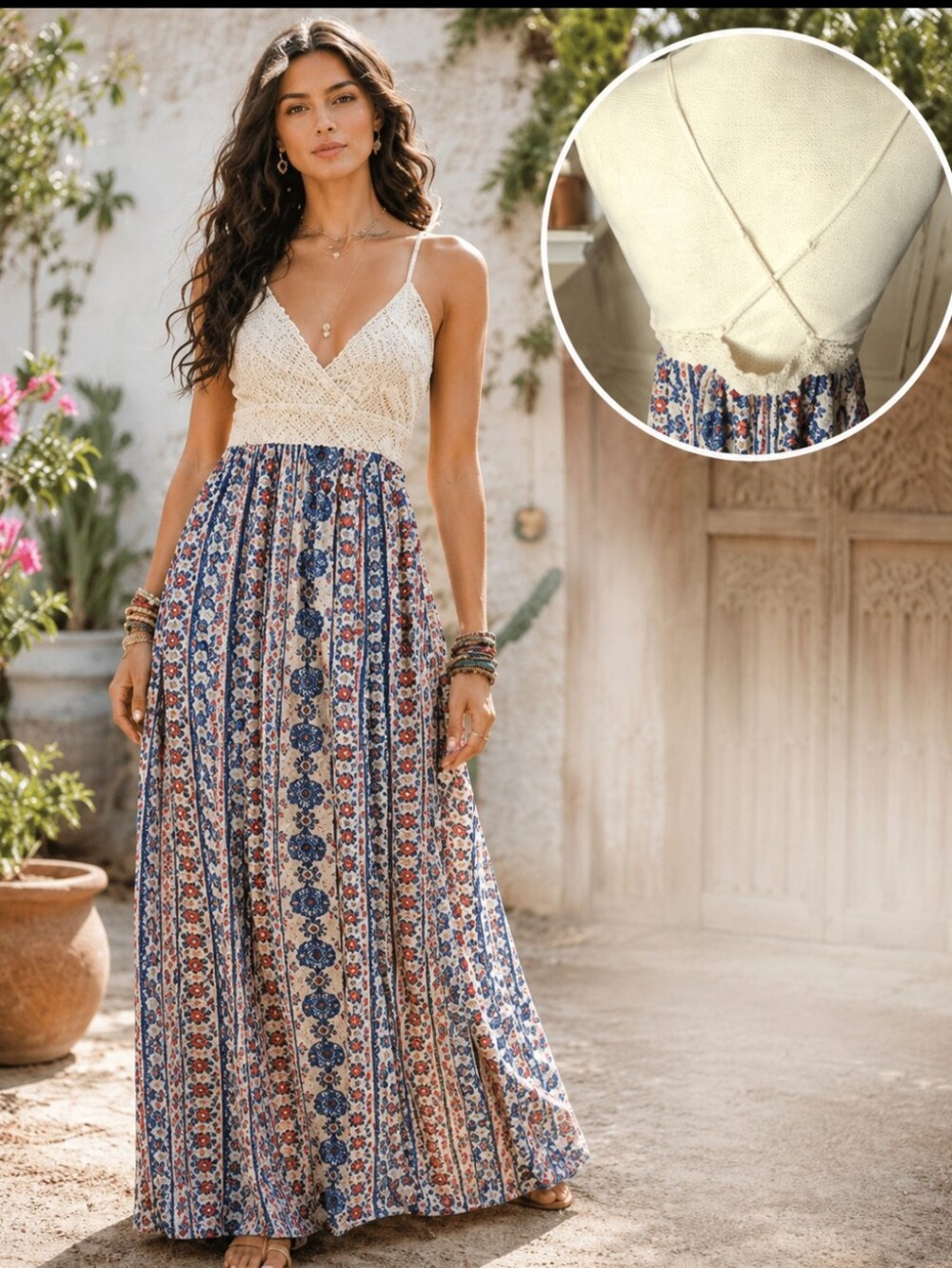 Cream Crochet Babydoll Top Maxi Dress Red & Blue Print Bohemian Festival Sz L